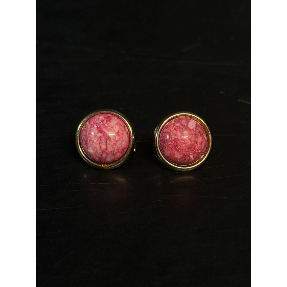 1980s Gold Tone Pink Stone Earrings Stud Clip On 0.73"